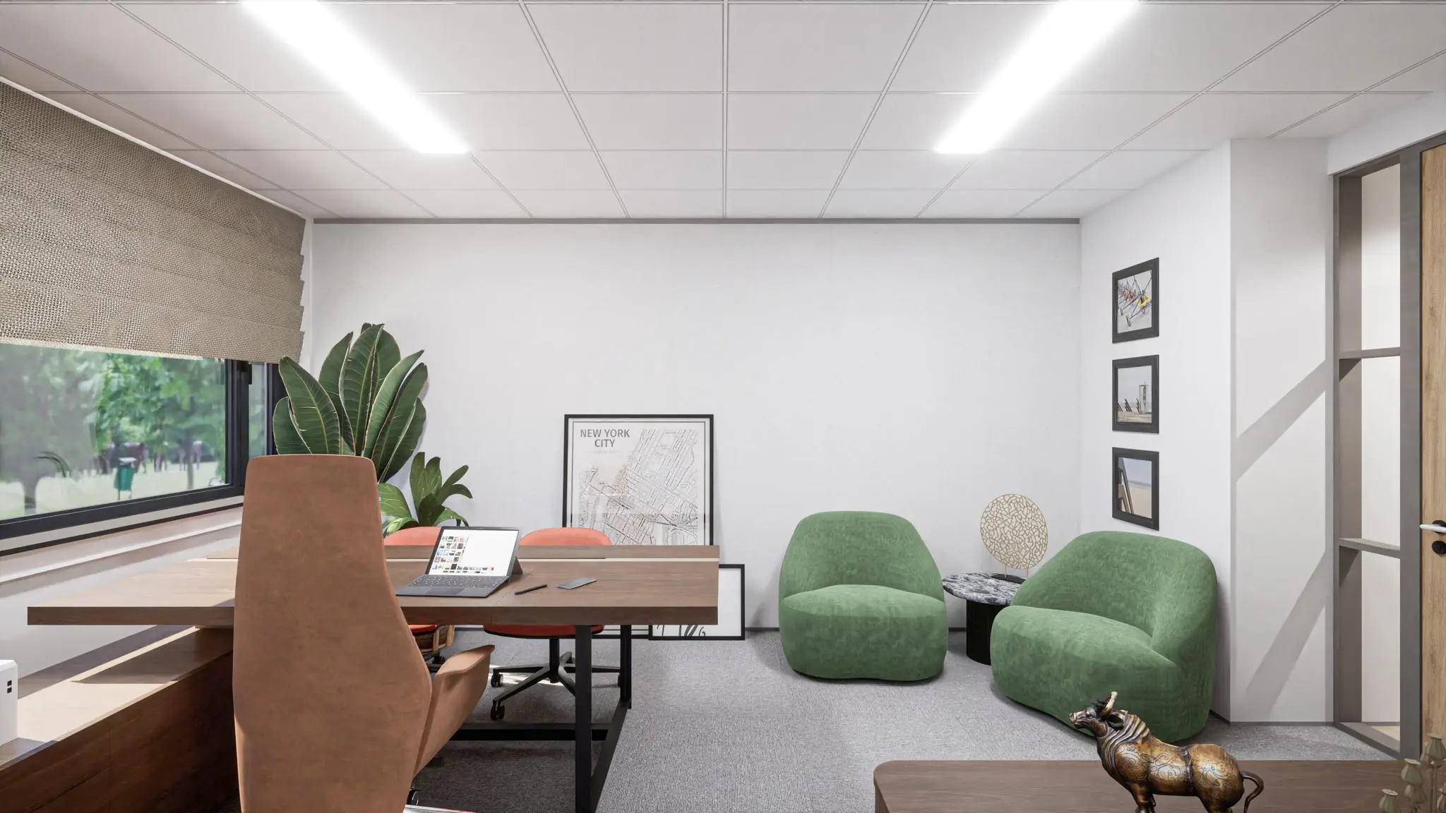 Modern kantoorinterieur met bureau, groene fauteuils, planten en wanddecoratie, mogelijk van burgemeester Verderlaan.